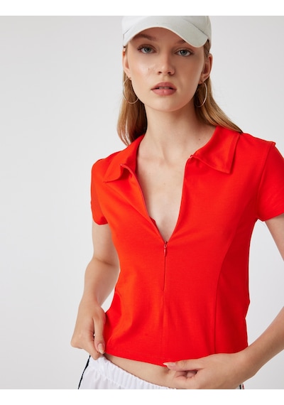 Koton Polo Yaka Tişört Fermuarlı Slim Fit Kısa Kollu Kırmızı 5wal10493ık Kırmızı