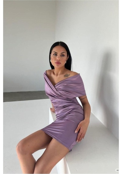 Store Saten Yaka Mini Madonna Elbise Kumaş Mor - 935895068 Mor