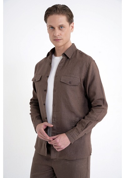 Comfort Fit Yan Cepli %100 Keten Vizon Gömlek Ceket G 1602 Comfort Fit Yan Cepli %100 Keten Vizon Gömlek Ceket G 1602