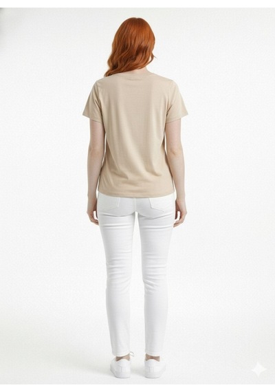 Neden Tekstil Bej Kadın Basic T-shirt Yuvarlak Yaka Kısa Kol