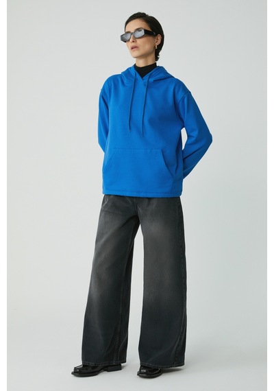 Ethıquet Pıper Kadın Içi Polarlı Yumuşacık Comfort Fit Kapüşonlu Kanguru Cepli Saks Mavi Sweatshirt