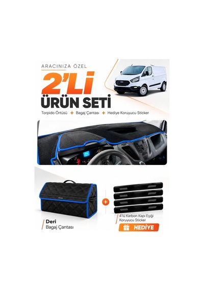 E-biz Ford Transit Custom 2012-2020 Uyumlu Torpido Örtüsü + Deri Çanta - Siyah-mavi - Fo033