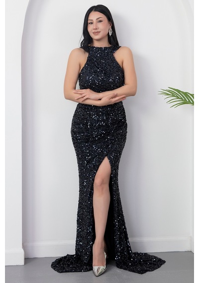 Kalopya Halter Yaka Yırtmaçlı Pulpayet Elbise Ecr5482 Lacivert