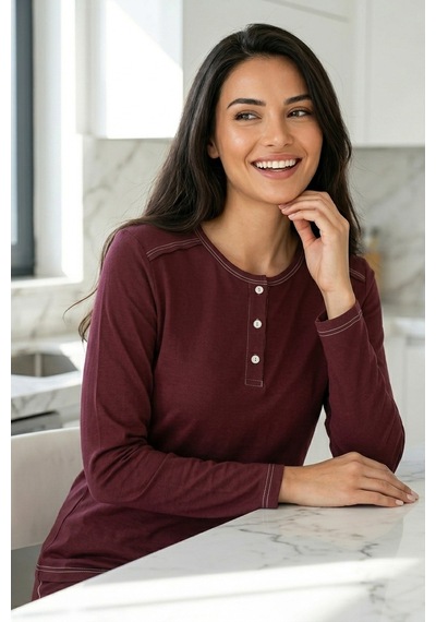 Mataş Kadın Pamuklu Uzun Kollu Üç Düğmeli Biyeli Soft Örme Yumuşak Pijama Takımı Bordo