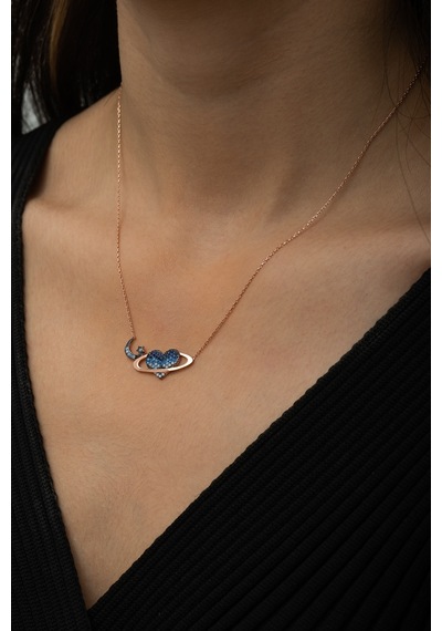 Papatya Silver Satürn Kuşaklı Kalp Ay Yıldız Bayrak Kolye Rose Gold Kaplama 925 Ayar Gümüş, UVPS100492