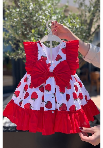 Fırfır Ve Fiyonk Detaylı Pamuklu Kız Çocuk Bebek Çilek Elbise 001