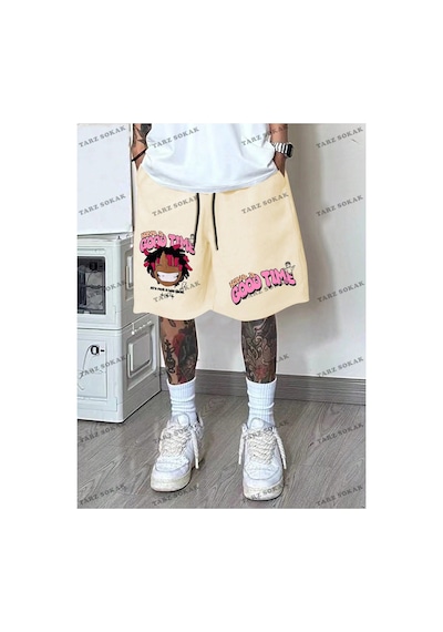 Tarzsokak Y2k Unisex Yaz Şort Bermuda Harajuka Anime Retro Kod-11491 Bej