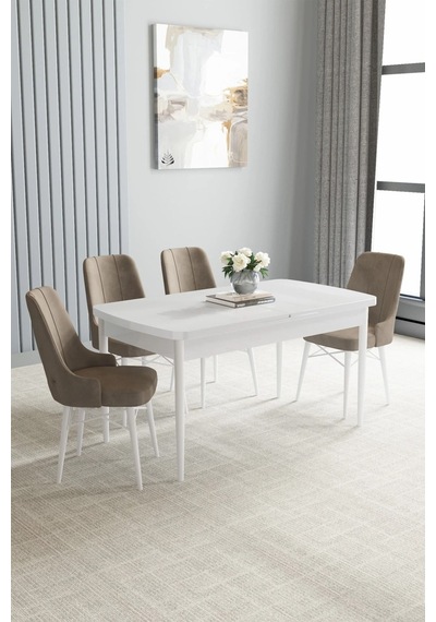 Zümra Serisi, Beyaz 80x132 Açılabilir Mdf Mutfak Masası Takımı 4 Adet Sandalye, Cappucino Zümra Serisi, Beyaz 80x132 Açılabilir Mdf Mutfak Masası Takımı 4 Adet Sandalye, Cappucino
