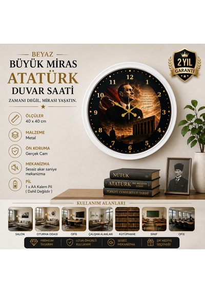 Beyaz Büyük Miras 40 X 40 Cm Metal Atatürk Duvar Saati