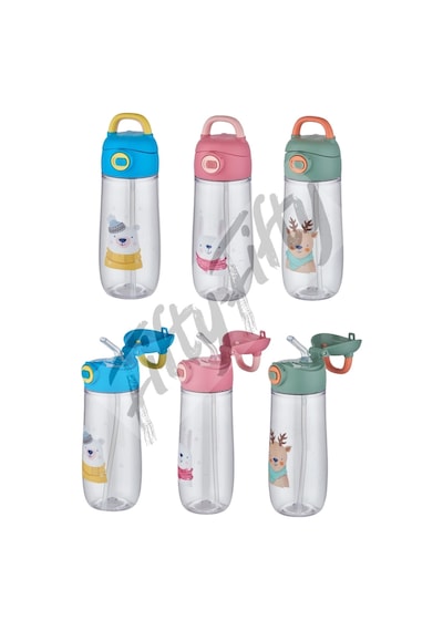 550 Ml Pipetli Desenli Çocuk Su Matarası Kilitli Kapak Taşıma Kulplu Mavi