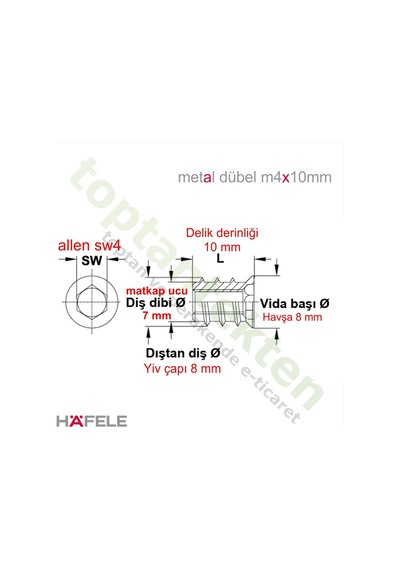Hafele Dübel Çelik Ham Düz M4X10Mm