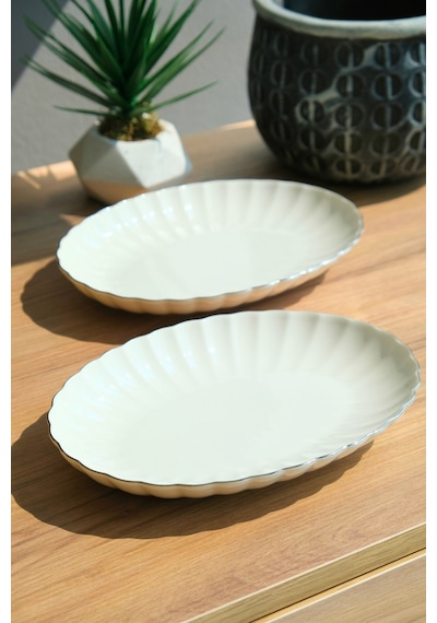 Kütahya Porselen Bone Luz Platin File Kayık Tabak 27x19cm Bnlzf28ky220 2 Li Krem