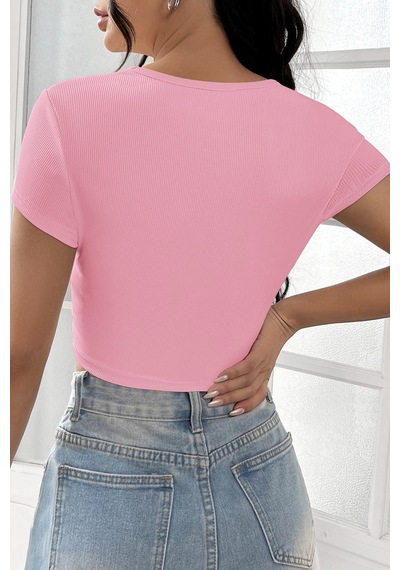 Angbutik Kadın Pembe Yarım Kol Düz Yaka Crop Top Bluz