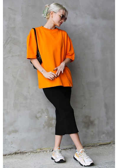 Madmext Turuncu Bisiklet Yaka Basic Oversize T-shirt Mg1687-turuncu Turuncu
