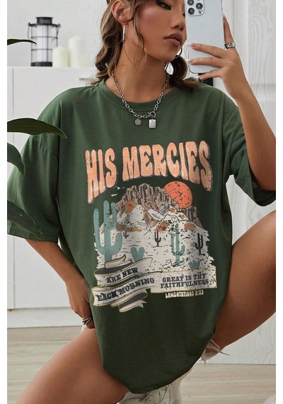 Uyguntarz Unisex His Mercies Baskılı Oversize Tshirt Yeşil