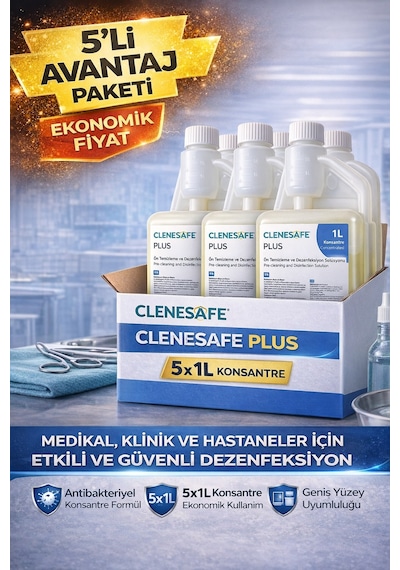 Clenesafe Plus 1 L Konsantre Ön Temizleme Ve Dezenfeksiyon Solüsyonu Medikal Yüzey Temizleyici 5 Adet