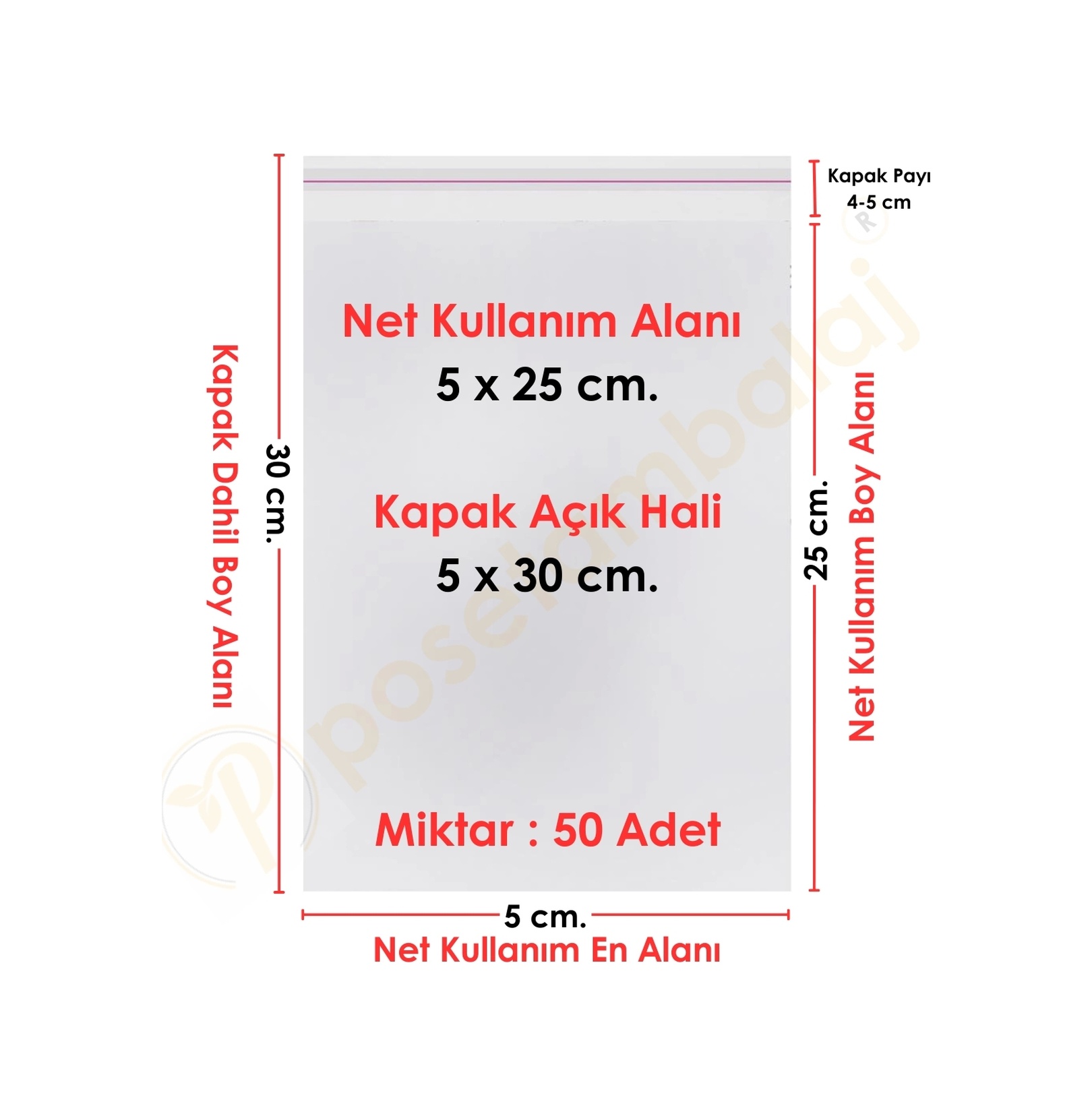 5x25+5 Cm. 5x30 50 Adet Şeffaf Bantlı Yapışkanlı Opp Poşet