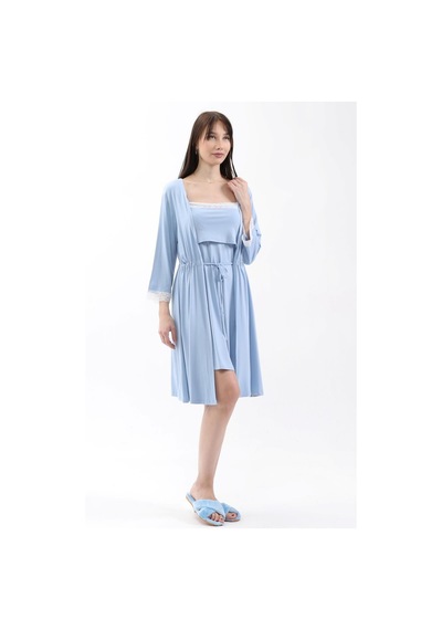 Luvmabelly Myra9651 Sabahlıklı Önden Bölmeli Dantelli Emzirme Geceliği -mavi-mavi
