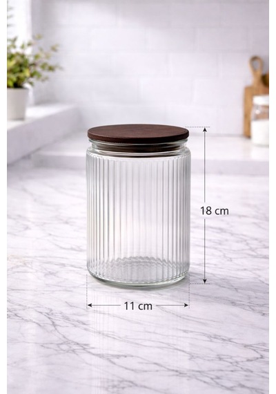 3'lü Cam Kavanoz Seti Bambu Vakum Kapak Büyük Boy Çizgili Erzak Un Bakliyat Saklama Kabı 3x1500ml Şeffaf