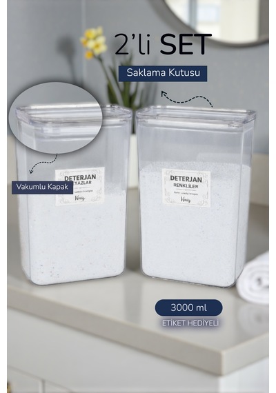 2'li Ölçek Hediyeli Etiketli Deterjan Renkliler Beyazlar Kavanozu / Kutusu Seti X 2 Ad Şeffaf