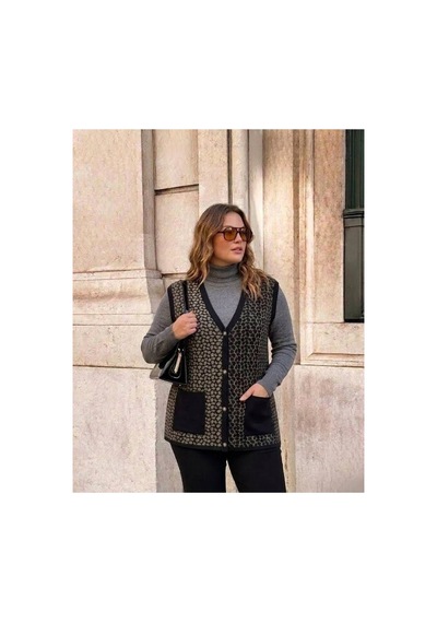 Onno Style Women Çelik Örgü Klasik Leopar Desen Triko Yelek Siyah