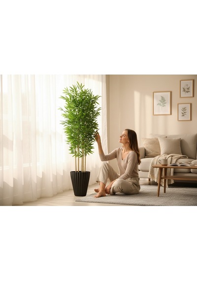 Yapay Bambu Ağaç 150 Cm 6 Dallı Yogun Yaprak Lilyum Siyah Saksı Yeşil