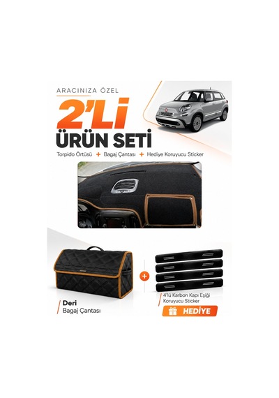 Fıat 500l 2013-2017 Uyumlu Torpido Örtüsü + Deri Bagaj Çantası + Sticker Seti - Siyah Kahverengi