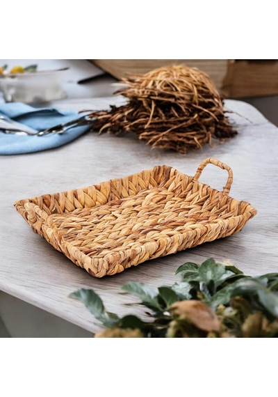 El Yapımı Su Sümbülü Hasır Kulplu Dekoratif Tepsi Büyük Boy 32cm 25cm 4cm