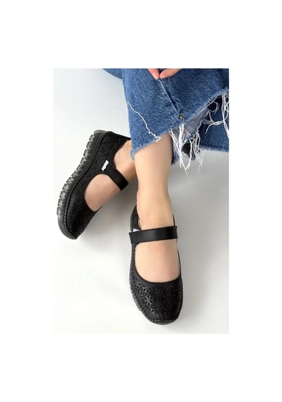 Look Shoes Herşeytrend Sina Siyah Hakiki Deri Cırt Cırtlı Babet Ayakkabı Siyah
