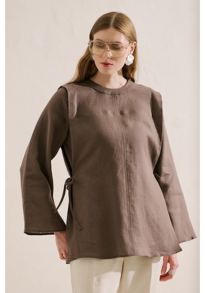 Manuka Keten Bağlamalı Geniş Kol Tunik Vizon Ss26tnk00007-0001