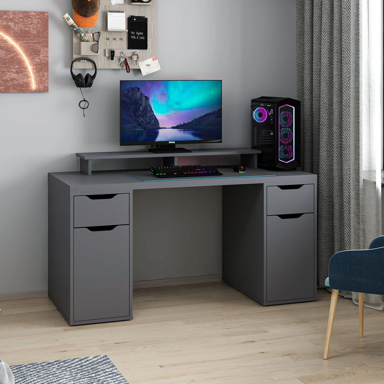Alen 150 Cm 2 Çekmeceli 2 Dolaplı Çalışma & Oyuncu Masası - Antrasit Siyah