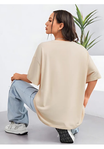 Energetic Yazılı T-shirt - Bej Baskılı Oversize Bisiklet Yaka Kısa Kol Tişört Bej