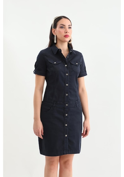 Blue White Kadın Koyu Siyah Düğmeli Jean Elbise D-28 Siyah Xs