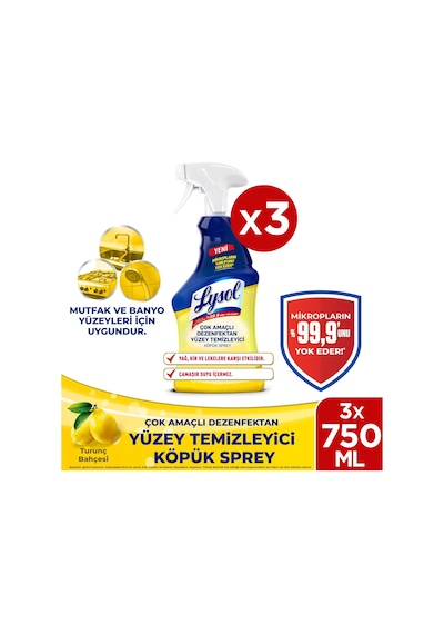 Lysol Çok Amaçlı Dezenfektan Yüzey Temizleyici Köpük Sprey 750 MLx 3