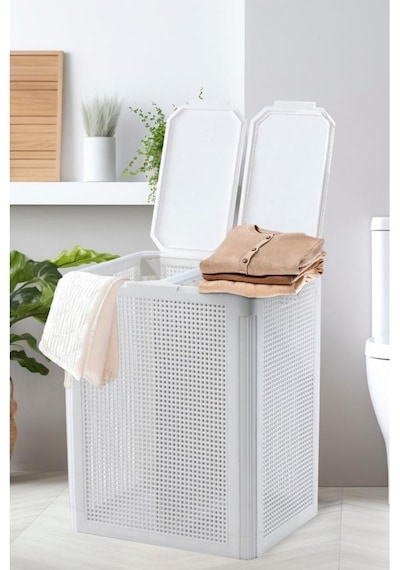 Omnipazar Sy-4632 Smart Duo İki Bölmeli Kirli Çamaşır Sepeti 84 Litre Beyaz Beyaz