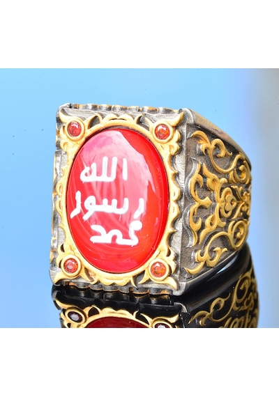 Erkekler İçin Gümüş Sultan Yüzük - İslami Tasarım Kırmızı Gümüş