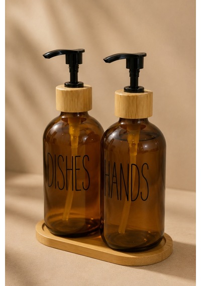 Relly Bambu Standlı İkili Cam Sabunluk Seti 2 X 500 Ml Hands & Dıshes Amber