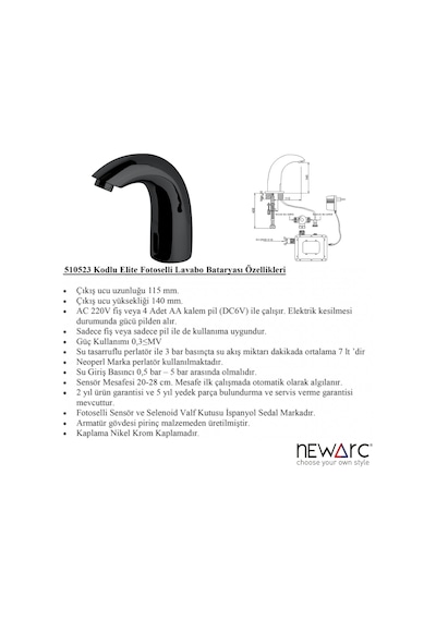 Newarc 510523B Elite Fotoselli Lavabo Bataryası Siyah