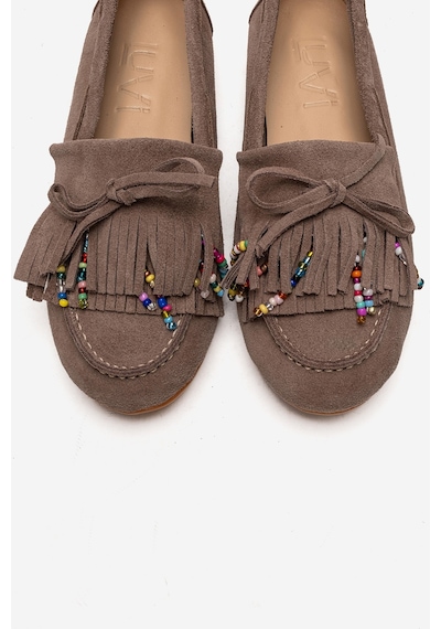 Luvishoes Evelyn Vizon Süet Hakiki Deri Püsküllü Boncuklu Kadın Loafer Ayakkabı