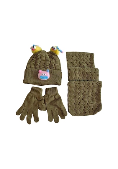 Kitti 4-8 Yaş Kız Çocuk Atkı Bere Eldiven İçi Polarlı 3'lü Takım 24170-04 Haki