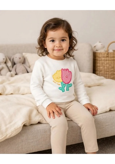 Tuffy Kız Bebek Latte Renkli Fluffy Lale Motifli Sweatshirt Bej