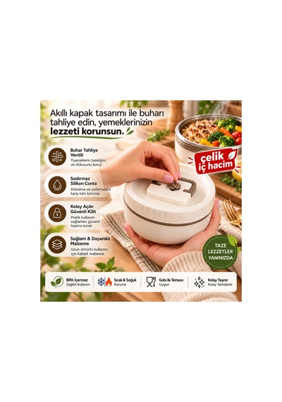Paslanmaz Çelik Taşınabilir Lunch Box Vakumlu Yemek Kabı Seti, Çatal-kaşık Bölmeli Isı Yalıtımlı Taşıma Çantalı Sefertası Seti Bej