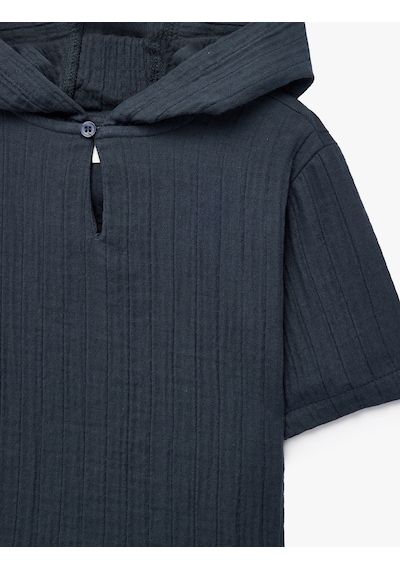 Koton Oversize Kısa Kollu Pamuklu Kapşonlu Müslin Gömlek Lacivert 6smb60068tw