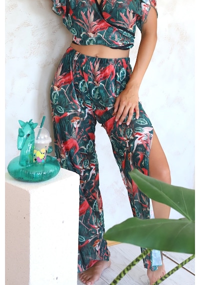 Plaj Pantalon Pareo Yazlık Kapalı Yırtmaçlı Lastikli Şifon Tül Kumaş S-M Yüksek Bel Flower Yeşil