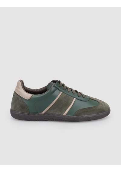 %100 Hakiki Deri Haki Bağcıklı Kadın Sneaker Haki