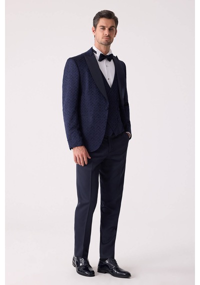 Ysf Erkek Lacivert Damatlık Slim Fit Kırlangıç Yaka Desenli