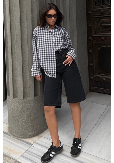 Madmext Siyah Oversize Kareli Kadın Gömlek Mg2822