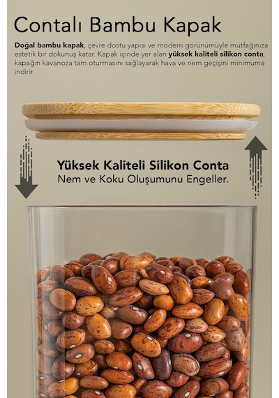 6'lı Bambu Kapak Aura Kare Saklama Kabı - 2100 Ml Vakum Kapaklı Hava Almaz Bakliyat Erzak Un Kabı Bej