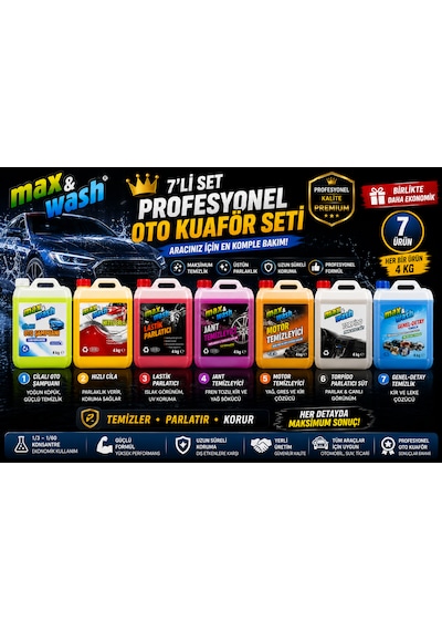 Max&wash 7'li Profesyonel Oto Kuaför Seti 7x4 Kg Cilalı Oto Şampuan + Hızlı Cila + Lastik Parlatıcı + Jant Temizleyici + Motor Temizleyici + Torpido Parlatıcı + Genel Detay Temizleyici