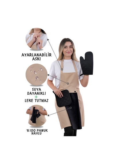 Star Ayar Askılı Havlulu 4lü Mutfak Önlüğü Seti Eldiven Tutacak Krem-siyah-siyah
